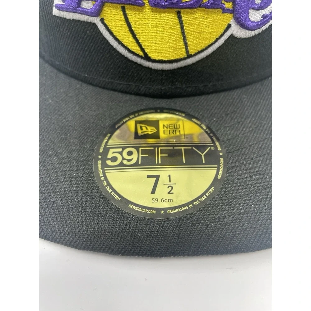 New Era LA Lakers 59Fifty Fitted Hat Black Purple‎ Gold Los Angeles Size 7 1/2